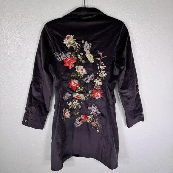 Paparazzi By Biz Coat Womens Small Velvet Embroidered Floral Butterfly Boho - Picture 2 of 12